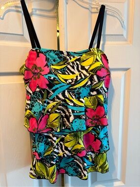 Floral Ruffle Tankini Swim top in Pink, Turquoise & Lime